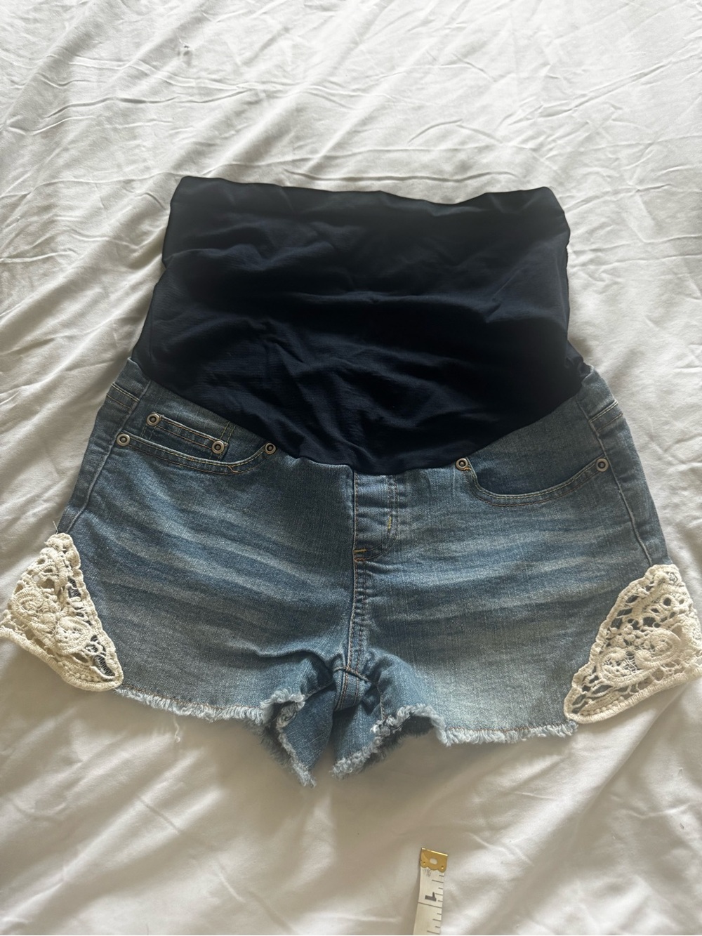 Planet Motherhood Denim Shorts with Black Stretch Waistband and Lace Trim